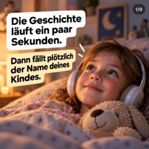 Kind mit Kopfhörern im Bett, entspannte Atmosphäre, Schlafenszeit.