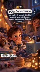 Gemütliches Kinderzimmer mit Sternenlichtern und Kuscheltieren bei Nacht.