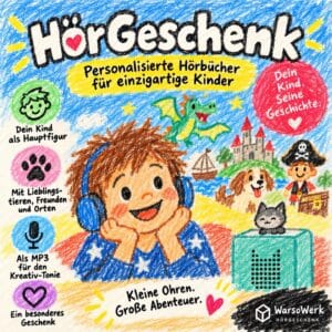 Kinderhörbuch mit bunten Zeichnungen, Pirat, Drache, Hund und Schloss.