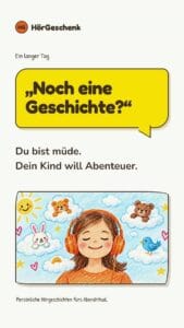 Kinderhörgeschichte mit Mädchen, Tieren und bunten Himmelshintergrund.
