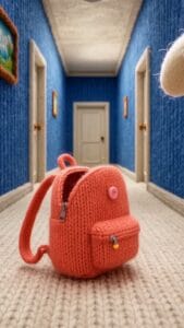 Kleiner roter Kinder-Rucksack auf Teppich im Flur mit blauer Wand.