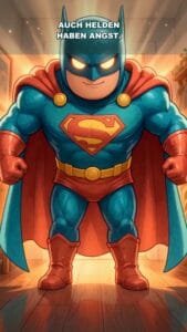 Superheld Batman als Kind mit Superkräften, mutig und stark.