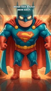 Humorvoller Batman mit Superhelden-Logo und Umhang.