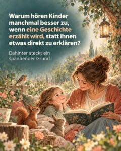 Kinder hören Geschichte im Garten mit Tieren und Natur im Hintergrund.