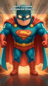 Superheld Batman im Kinderformat mit Supermann-Logo.