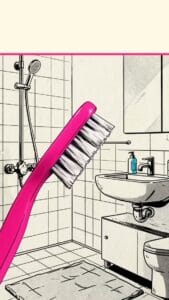 Badezimmer mit Putzbürste, Waschbecken und Spiegel.