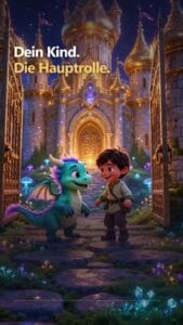 Kinder und Drache vor märchenhaftem Schloss bei WarsoWerk.