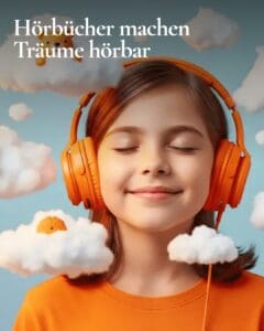 Kind mit orange Kopfhörern hört Hörbuch und träumt.