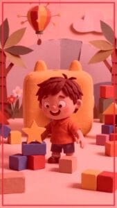 WarsoWerk Kinderszene mit Bauklötzen und Spielzeugfigur.